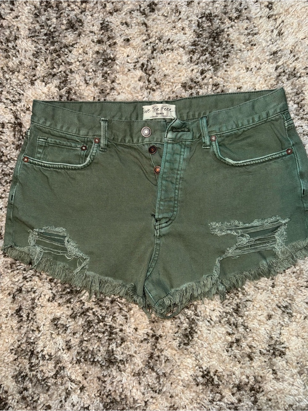 We The Free Olive Distressed Frayed Denim Shorts